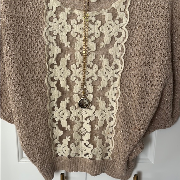 Free People Tan and Cream Lace Scoop Neck Sweater - Picture 4 of 5